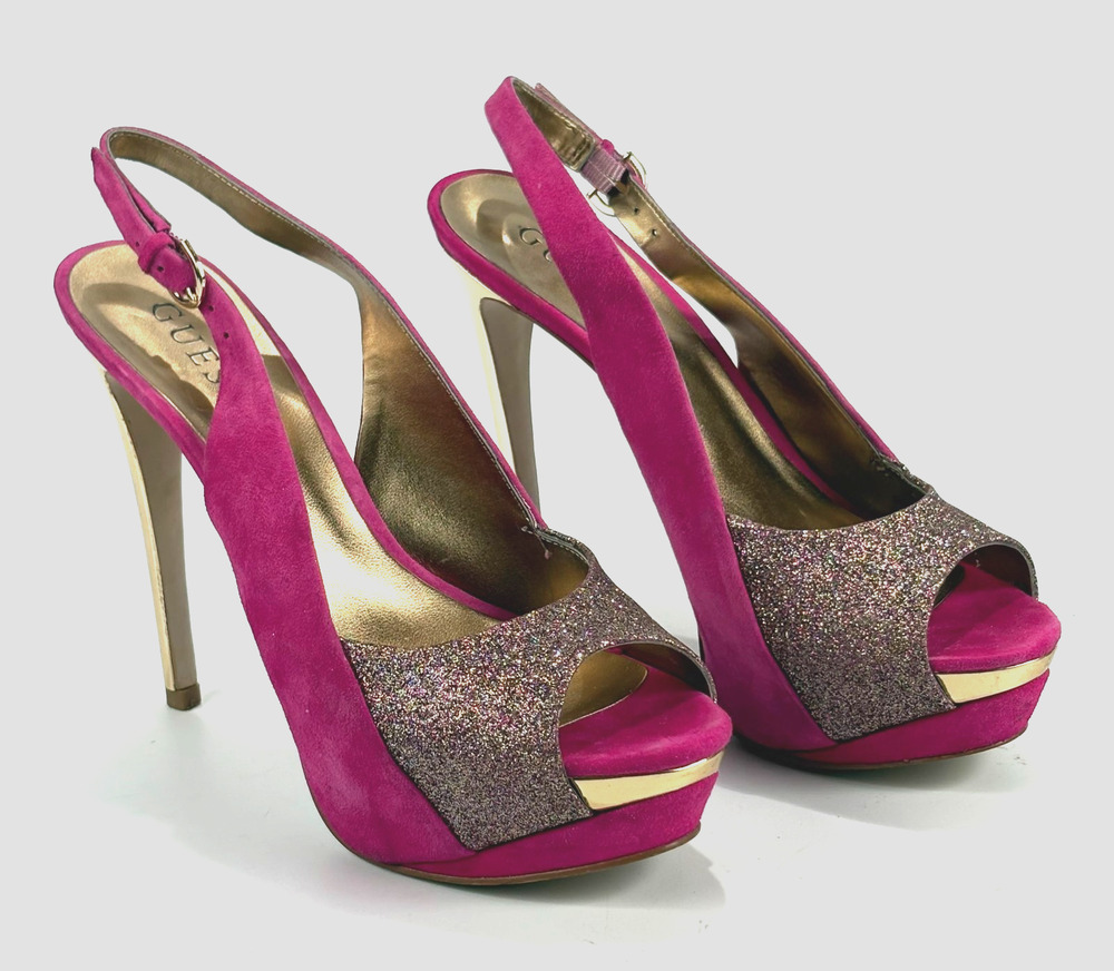 VTG Guess Sillito High Heels Pink Suede Sandals Platform Size 7.5M Y2k Clubbing